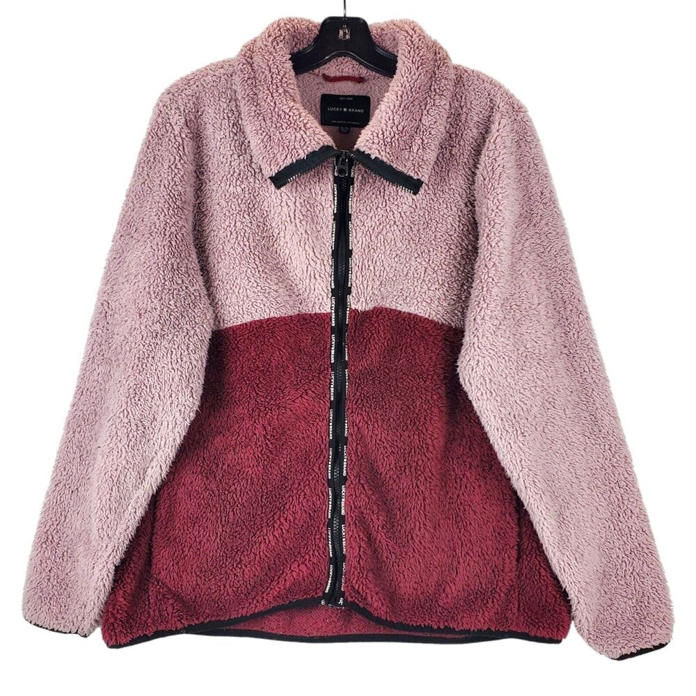 LUCKY BRAND Jacket Womens XL Pink Red Sherpa Fleece Two Tone Full Zip Outdoor